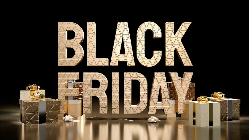 The Black Friday gold text and gift boxes for offer or promotion shopping concept  3d rendering